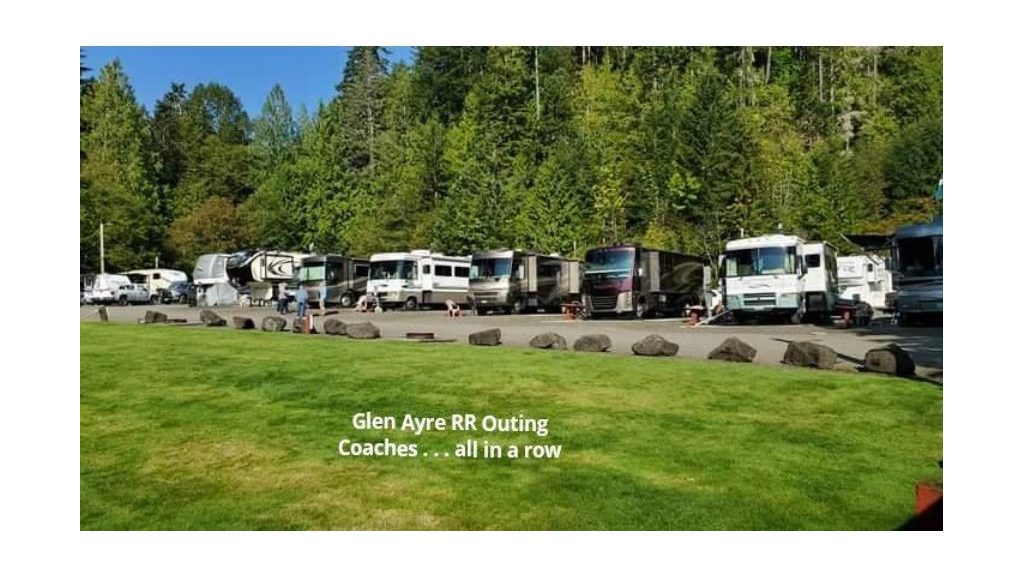Row of RVs parked along tree lined campground.